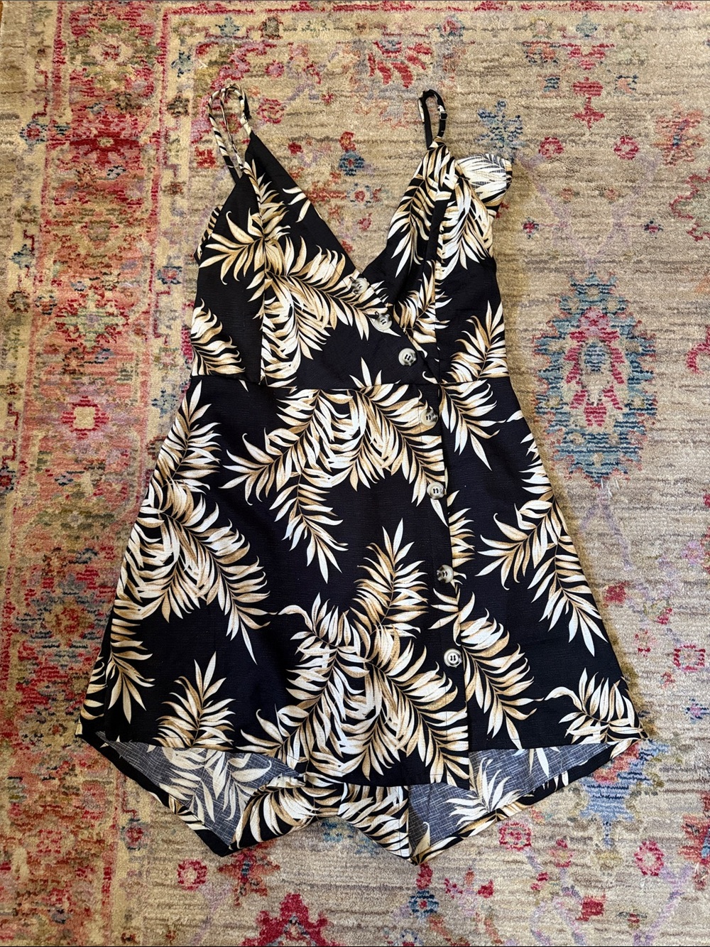 Revamped Black and Cream Tropical Print Romper